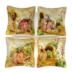 Prima Fall Harvest Autumn Glass Set of 4 Trinket Dishes 5.25” x 5.25”